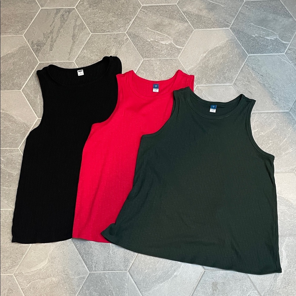 Old Navy Rib-Knit Tank Top Bundle of 3 -- Black, Cherry Red & Green -- Size M